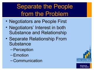 Separate the People from the Problem Negotiators are People First Negotiators’ Interest in both Substance and Relationship Separate Relationship From Substance Perception Emotion Communication 