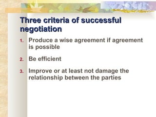 Three criteria of successful negotiation Produce a wise agreement if agreement is possible Be efficient Improve or at least not damage the relationship between the parties 