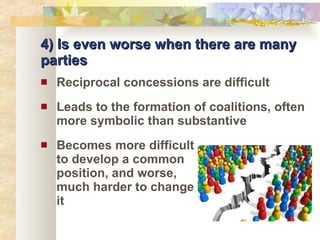 4) Is even worse when there are many parties Reciprocal concessions are difficult Leads to the formation of coalitions, often more symbolic than substantive Becomes more difficult  to develop a common  position, and worse,  much harder to change  it 