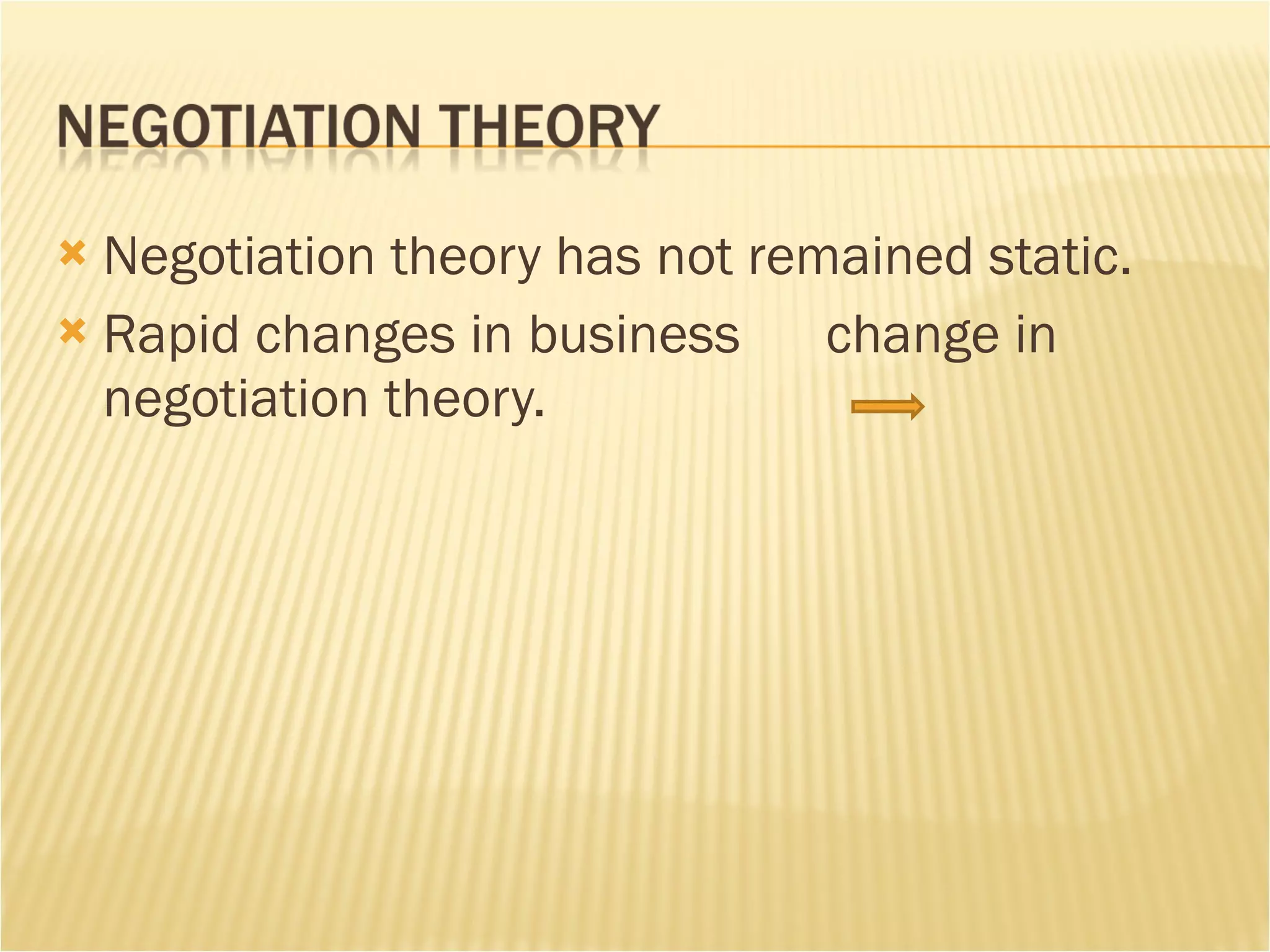 Negotiation theory has not remained static.  Rapid changes in business  change in negotiation theory.  