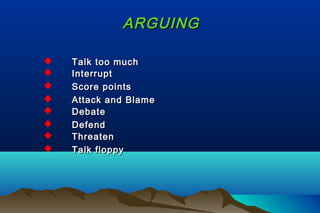 ARGUINGARGUING
 Talk too muchTalk too much
 InterruptInterrupt
 Score pointsScore points
 Attack and BlameAttack and Blame
 DebateDebate
 DefendDefend
 ThreatenThreaten
 Talk floppyTalk floppy
 