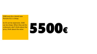 5500€
5500 euro for a brand new
Porsche 911 is cheap.
So 55 can be expensive, 5500
can be cheap. When they ask for
a discount, don’t think about the
price, think about the value.
 