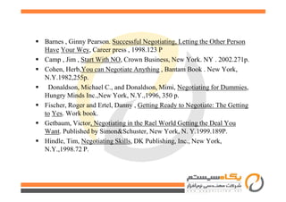 Barnes , Ginny Pearson. Successful Negotiating, Letting the Other Person
Have Your Wey, Career press , 1998.123 P
Camp , Jim , Start With NO, Crown Business, New York. NY . 2002.271p.
Cohen, Herb,You can Negotiate Anything , Bantam Book . New York,
N.Y.1982,255p.
Donaldson, Michael C., and Donaldson, Mimi, Negotiating for Dummies,
Hungry Minds Inc.,New York, N.Y.,1996, 350 p.
Fischer, Roger and Ertel, Danny , Getting Ready to Negotiate: The Getting
to Yes. Work book.
Getbaum, Victor, Negotiating in the Rael World Getting the Deal You
Want. Published by Simon&Schuster, New York, N. Y.1999.189P.
Hindle, Tim, Negotiating Skills, DK Publishing, Inc., New York,
N.Y.,1998.72 P.
 