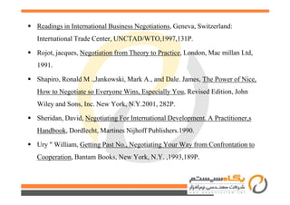 Readings in International Business Negotiations, Geneva, Switzerland:
International Trade Center, UNCTAD/WTO,1997,131P.
Rojot, jacques, Negotiation from Theory to Practice, London, Mac millan Ltd,
1991.
Shapiro, Ronald M .,Jankowski, Mark A., and Dale. James, The Power of Nice,
How to Negotiate so Everyone Wins, Especially You, Revised Edition, John
Wiley and Sons, Inc. New York, N.Y.2001, 282P.Wiley and Sons, Inc. New York, N.Y.2001, 282P.
Sheridan, David, Negotiating For International Development. A Practitioner,s
Handbook, Dordlecht, Martines Nijhoff Publishers.1990.
Ury " William, Getting Past No., Negotiating Your Way from Confrontation to
Cooperation, Bantam Books, New York, N.Y. ,1993,189P.
 