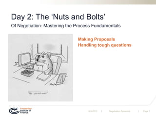 | |
Day 2: The „Nuts and Bolts‟
Making Proposals
Handling tough questions
19-9-2013 Negotiation Dynamics Page 7
Of Negotiation: Mastering the Process Fundamentals
 