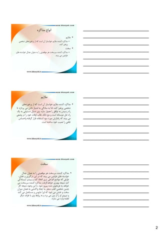 2
ُ‫هزاوش‬ ‫اًَاع‬
•‫هالين‬
–‫ؿخلي‬ ‫ثشخَسدّبي‬ ‫اص‬ ِ‫و‬ ‫اػت‬ ‫آى‬ ‫خَاػتبس‬ ‫هالين‬ ُ‫وٌٌذ‬ ُ‫هزاوش‬
،‫وٌذ‬ ‫پشّيض‬
•‫ػخت‬
–‫ّبي‬ ِ‫خَاػت‬ ‫جذال‬ ‫ػٌَاى‬ ِ‫ث‬ ‫سا‬ ‫هَلؼيتي‬ ‫ّش‬ ‫ػشػخت‬ ُ‫وٌٌذ‬ ُ‫هزاوش‬
‫ثيٌذ‬ ‫هي‬ ‫ًشفيي‬
4
‫هالين‬
•‫ثشخَسدّبي‬ ‫اص‬ ِ‫و‬ ‫اػت‬ ‫آى‬ ‫خَاػتبس‬ ‫هالين‬ ُ‫وٌٌذ‬ ُ‫هزاوش‬
‫هي‬ ‫دادى‬ ‫اهتيبص‬ ِ‫ث‬ ‫ػبدگي‬ ِ‫ث‬ ‫لزا‬ ،‫وٌذ‬ ‫پشّيض‬ ‫ؿخلي‬‫تب‬ ‫پشداصد‬
‫ػبصد‬ ‫ّوَاس‬ ‫سا‬ ‫تَافك‬ ِ‫ث‬ ‫سػيذى‬ ُ‫سا‬.‫يه‬ ِ‫ث‬ ‫دػتيبثي‬ ‫دًجبل‬ ‫ٍي‬
‫ٍهؼي‬ ‫دس‬ ‫سا‬ ‫خَد‬ ‫اٍلبت‬ ‫غبلت‬ ‫رله‬ ‫هغ‬ ٍ ‫اػت‬ ًِ‫دٍػتب‬ ‫حل‬ ُ‫سا‬
‫ٍاحؼبع‬ ِ‫گشفت‬ ‫لشاس‬ ُ‫اػتفبد‬ ‫ػَء‬ ‫هَسد‬ ‫سفتبسؽ‬ ِ‫و‬ ‫ثيٌذ‬ ‫هي‬
‫اػت‬ ِ‫ػبخت‬ ‫خَد‬ ‫ًليت‬ ‫سا‬ ‫تلخي‬.
5
‫ػخت‬
•‫جذال‬ ‫ػٌَاى‬ ِ‫ث‬ ‫سا‬ ‫هَلؼيتي‬ ‫ّش‬ ‫ػشػخت‬ ُ‫وٌٌذ‬ ُ‫هزاوش‬
،‫تمبثل‬ ٍ ‫دسگيشي‬ ‫ايي‬ ‫دس‬ ِ‫و‬ ‫ثيٌذ‬ ‫هي‬ ‫ًشفيي‬ ‫ّبي‬ ِ‫خَاػت‬
‫ايؼتبدگي‬ ‫ثيـتش‬ ٍ ‫وٌذ‬ ‫اتخبر‬ ‫تشي‬ ‫افشاًي‬ ‫هَاهغ‬ ِ‫و‬ ‫ًشفي‬
‫خَاّذگشفت‬ ‫ثْتشي‬ ِ‫ًتيج‬ ‫وٌذ‬.‫هي‬ ‫ػشػخت‬ ُ‫وٌٌذ‬ ُ‫هزاوش‬
‫ؿَد‬ ‫پيشٍص‬ ُ‫ؿذ‬ ‫ّشًحَي‬ ِ‫ث‬ ‫خَاّذ‬.‫وبس‬ ِ‫ًتيج‬ ‫ٍجَد‬ ‫ايي‬ ‫ثب‬
‫هيضاى‬ ‫ّوبى‬ ِ‫ث‬ ‫ٍاوٌـي‬ ‫ايجبد‬ ِ‫ث‬ ‫هٌجش‬ ‫اغلت‬ ‫ؿخلي‬ ‫چٌيي‬
‫هي‬ ‫خـي‬ ٍ ‫ػخت‬‫هي‬ ‫هؼتبكل‬ ٍ ‫هبيَع‬ ‫اٍسا‬ ِ‫و‬ ‫ؿَد‬‫وٌذ‬
‫هي‬ ‫ثيي‬ ‫اص‬ ‫سا‬ ٍ‫ا‬ ‫ًيشٍي‬ ٍ‫ديگش‬ ‫ًشف‬ ‫ثب‬ ‫ٍي‬ ‫سٍاثي‬ ِ‫ث‬ ٍ ‫ثشد‬
‫ػبصد‬ ‫هي‬ ‫ٍاسد‬ ِ‫لٌو‬.
6
 