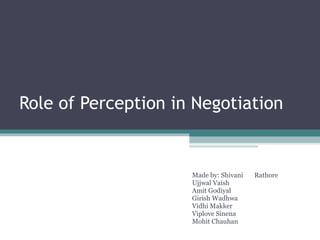 Role of Perception in Negotiation
Made by: Shivani Rathore
Ujjwal Vaish
Amit Godiyal
Girish Wadhwa
Vidhi Makker
Viplove Sinena
Mohit Chauhan
 
