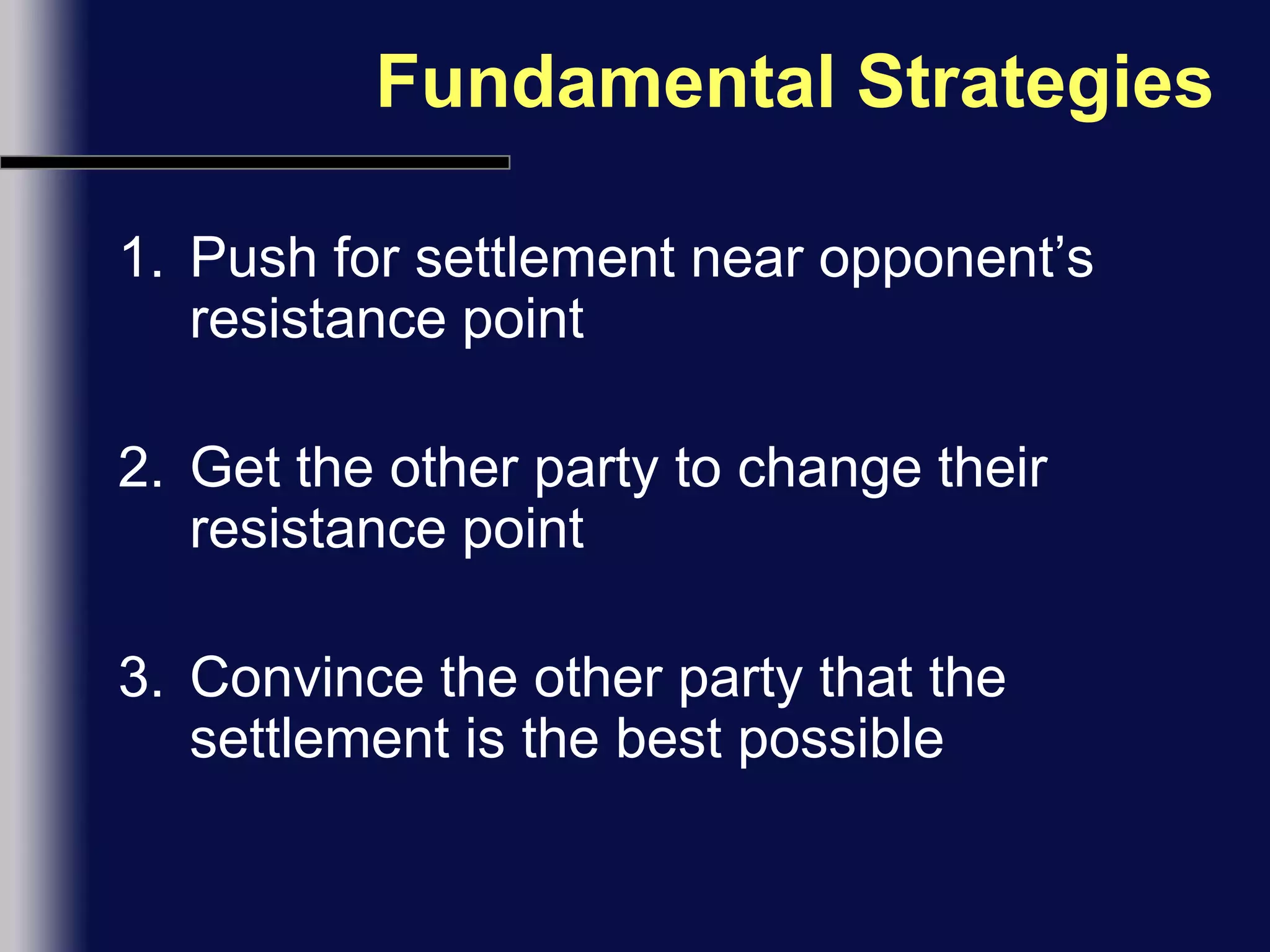 Fundamental StrategiesPush for settlement near opponent’s resistance point Get the other party to change their resistance pointConvince the other party that the settlement is the best possible