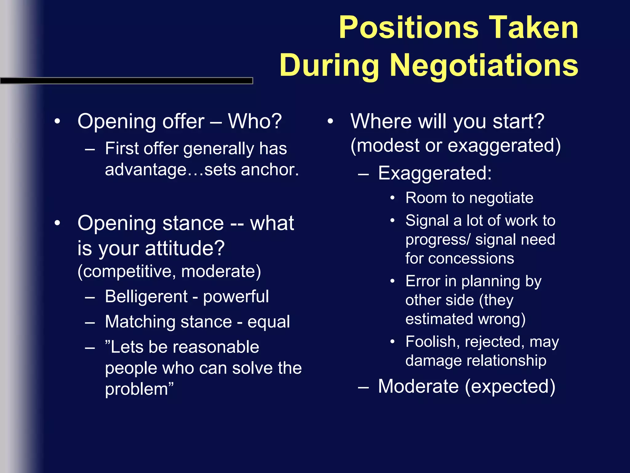 Positions Taken During NegotiationsOpening offer – Who?First offer generally has advantage…sets anchor.Opening stance -- what is your attitude? (competitive, moderate)Belligerent - powerfulMatching stance - equal”Lets be reasonable people who can solve the problem”Where will you start? (modest or exaggerated)Exaggerated:Room to negotiateSignal a lot of work to progress/ signal need for concessionsError in planning by other side (they estimated wrong)Foolish, rejected, may damage relationshipModerate (expected)