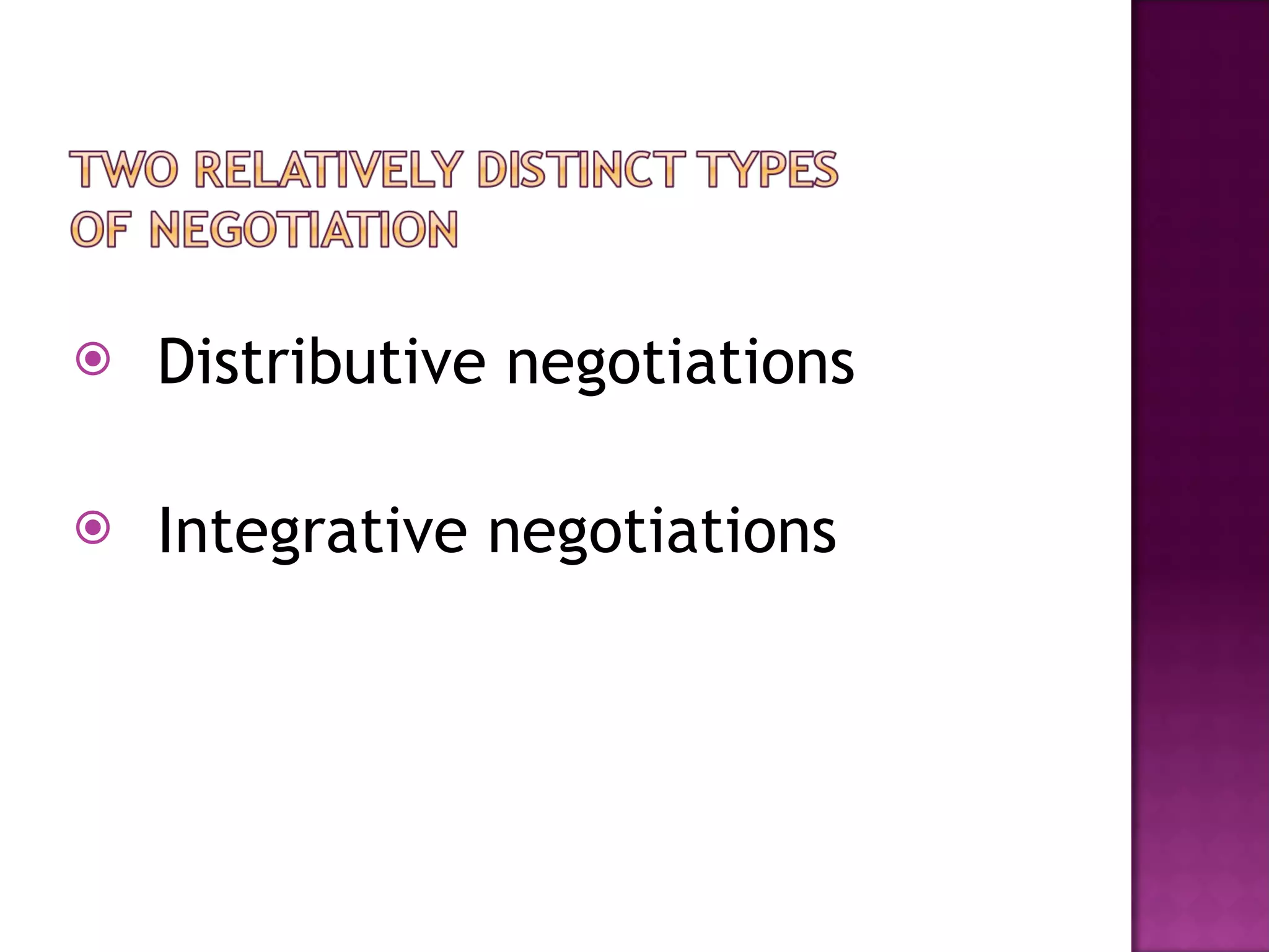 Distributive negotiations Integrative negotiations  