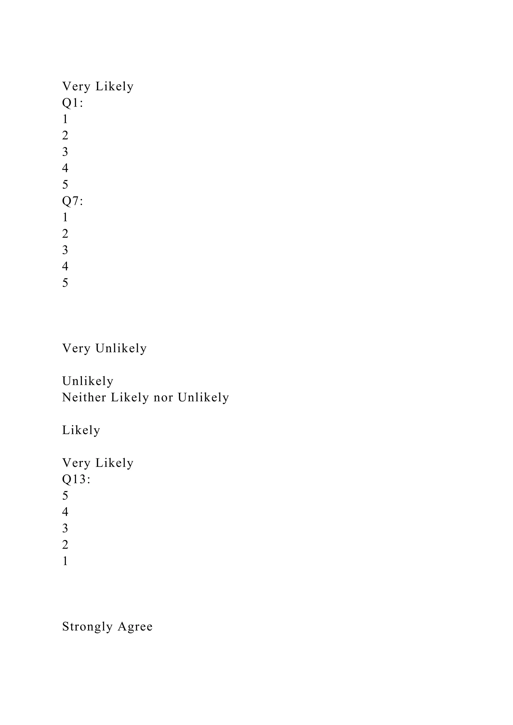 Very Likely
Q1:
1
2
3
4
5
Q7:
1
2
3
4
5
Very Unlikely
Unlikely
Neither Likely nor Unlikely
Likely
Very Likely
Q13:
5
4
3
2
1
Strongly Agree
 