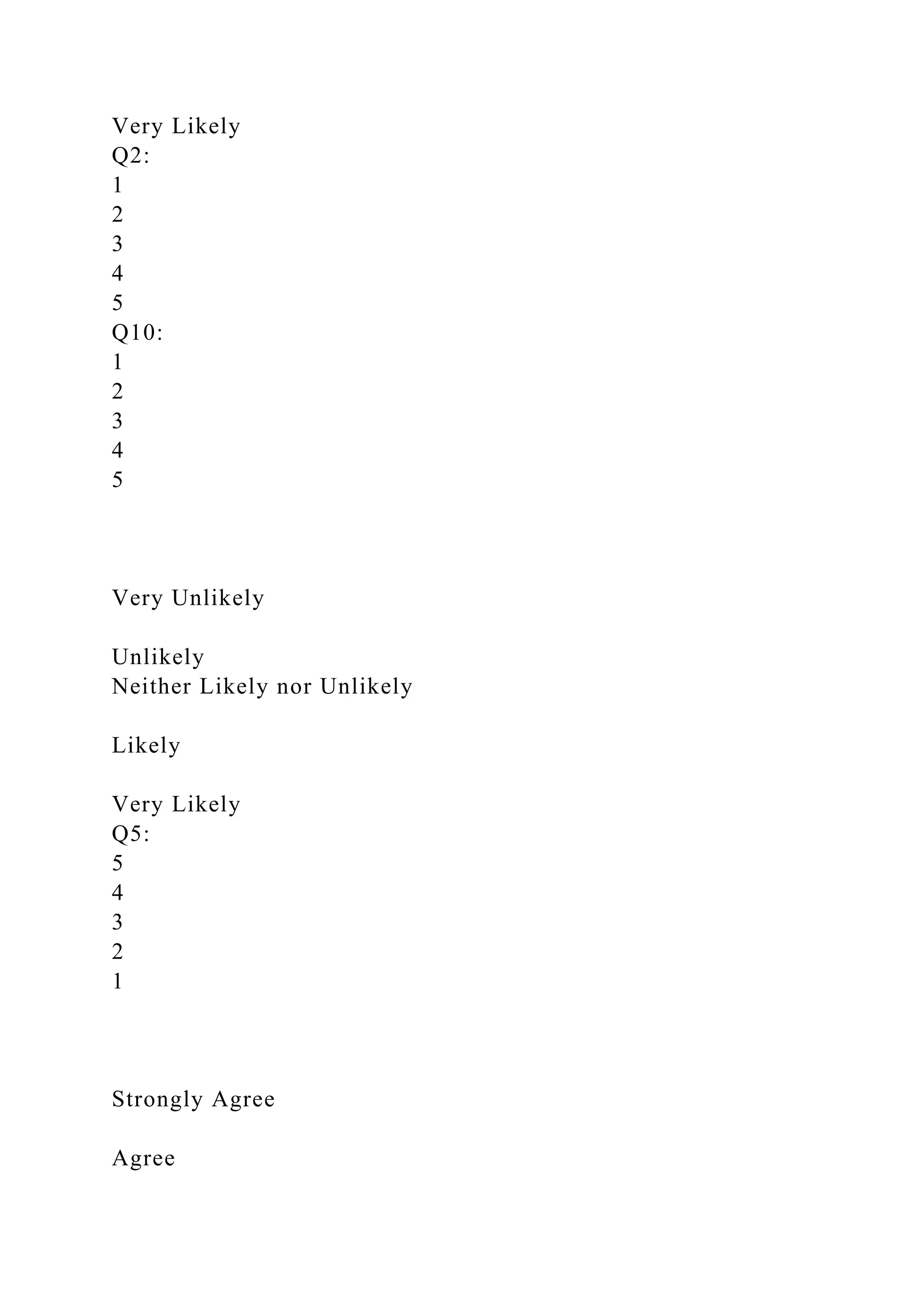 Very Likely
Q2:
1
2
3
4
5
Q10:
1
2
3
4
5
Very Unlikely
Unlikely
Neither Likely nor Unlikely
Likely
Very Likely
Q5:
5
4
3
2
1
Strongly Agree
Agree
 