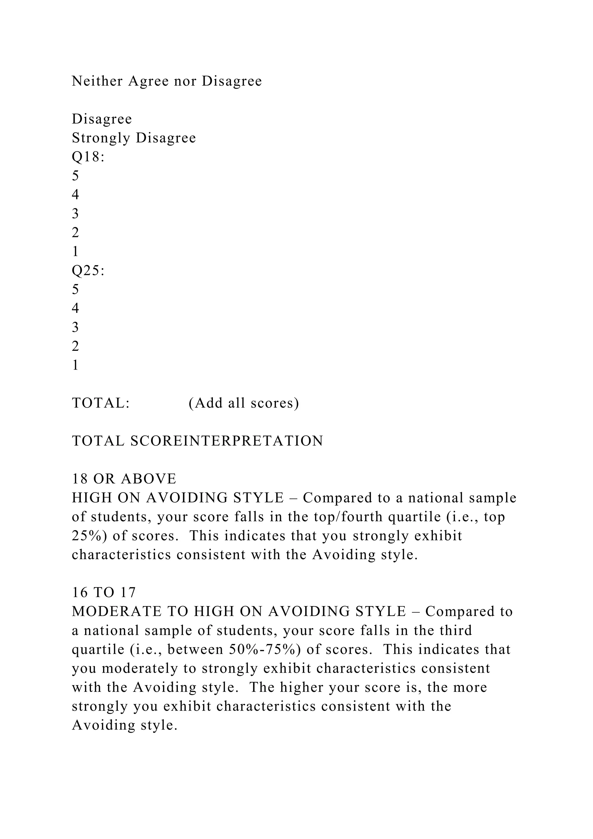 Neither Agree nor Disagree
Disagree
Strongly Disagree
Q18:
5
4
3
2
1
Q25:
5
4
3
2
1
TOTAL: (Add all scores)
TOTAL SCOREINTERPRETATION
18 OR ABOVE
HIGH ON AVOIDING STYLE – Compared to a national sample
of students, your score falls in the top/fourth quartile (i.e., top
25%) of scores. This indicates that you strongly exhibit
characteristics consistent with the Avoiding style.
16 TO 17
MODERATE TO HIGH ON AVOIDING STYLE – Compared to
a national sample of students, your score falls in the third
quartile (i.e., between 50%-75%) of scores. This indicates that
you moderately to strongly exhibit characteristics consistent
with the Avoiding style. The higher your score is, the more
strongly you exhibit characteristics consistent with the
Avoiding style.
 