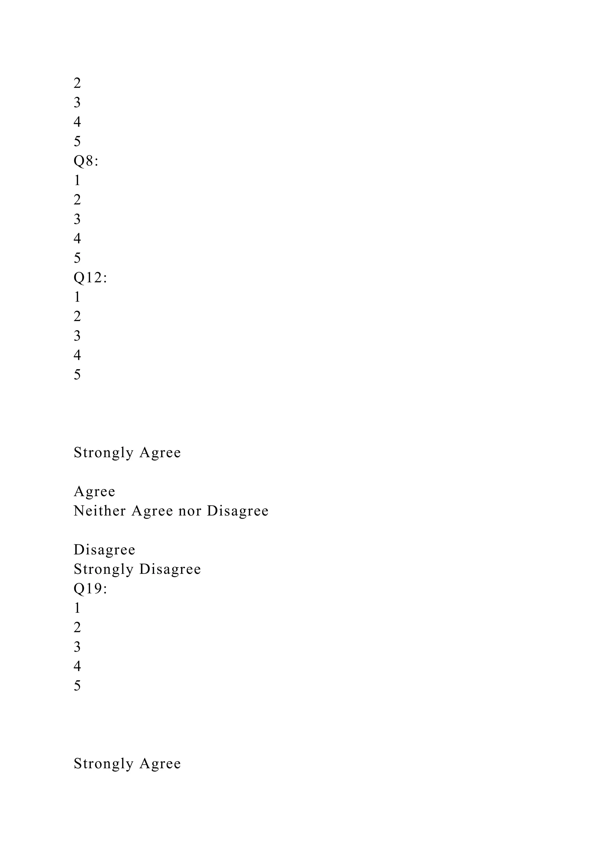 2
3
4
5
Q8:
1
2
3
4
5
Q12:
1
2
3
4
5
Strongly Agree
Agree
Neither Agree nor Disagree
Disagree
Strongly Disagree
Q19:
1
2
3
4
5
Strongly Agree
 