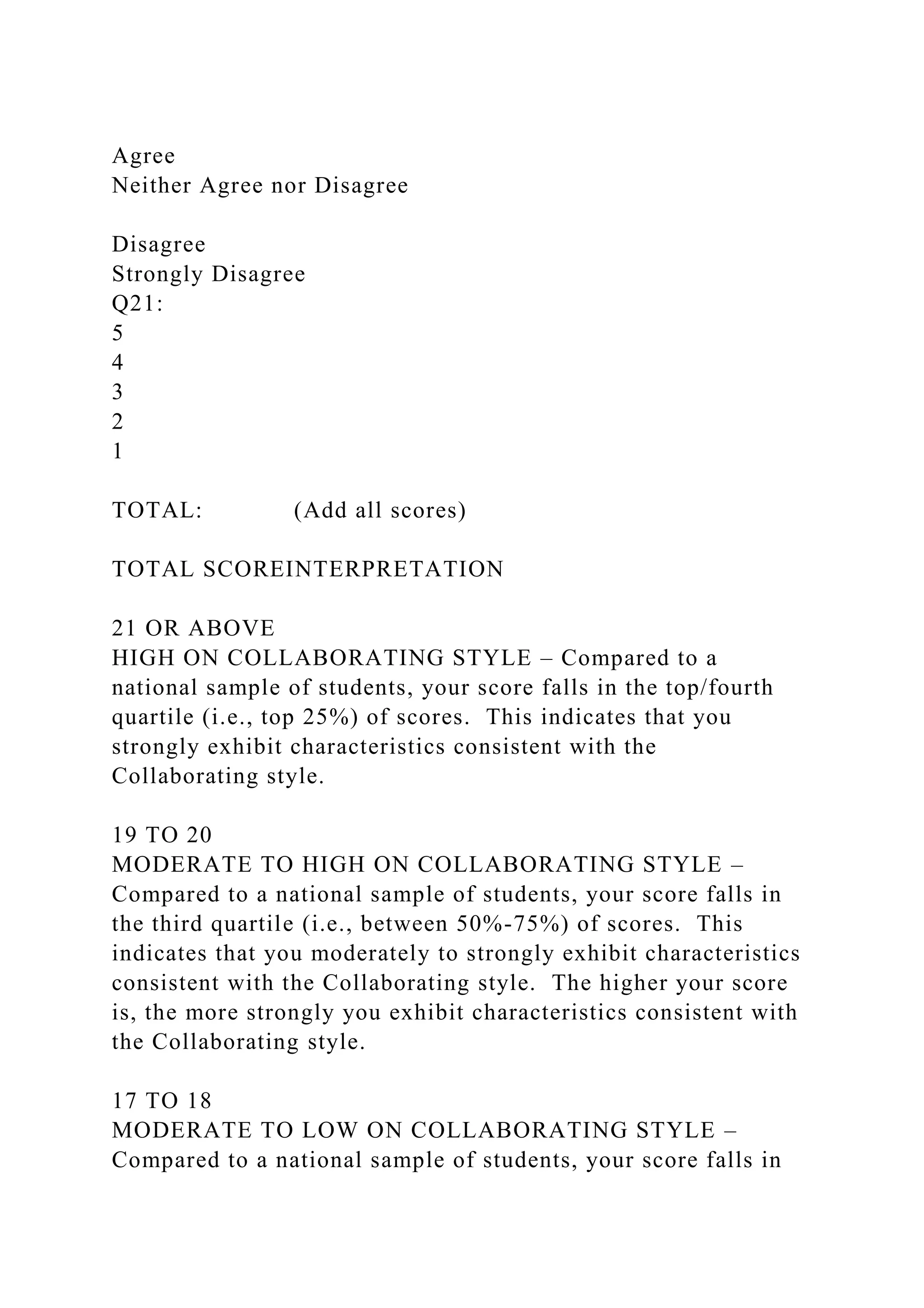 Agree
Neither Agree nor Disagree
Disagree
Strongly Disagree
Q21:
5
4
3
2
1
TOTAL: (Add all scores)
TOTAL SCOREINTERPRETATION
21 OR ABOVE
HIGH ON COLLABORATING STYLE – Compared to a
national sample of students, your score falls in the top/fourth
quartile (i.e., top 25%) of scores. This indicates that you
strongly exhibit characteristics consistent with the
Collaborating style.
19 TO 20
MODERATE TO HIGH ON COLLABORATING STYLE –
Compared to a national sample of students, your score falls in
the third quartile (i.e., between 50%-75%) of scores. This
indicates that you moderately to strongly exhibit characteristics
consistent with the Collaborating style. The higher your score
is, the more strongly you exhibit characteristics consistent with
the Collaborating style.
17 TO 18
MODERATE TO LOW ON COLLABORATING STYLE –
Compared to a national sample of students, your score falls in
 