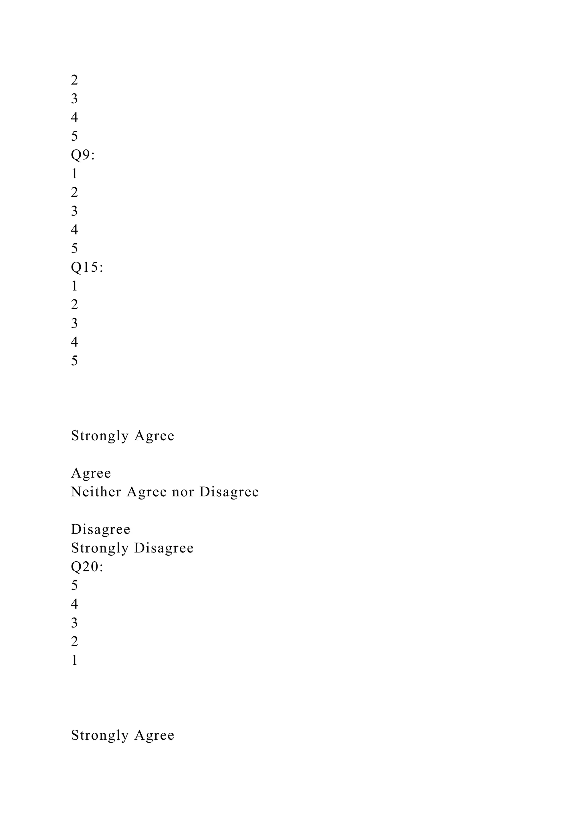 2
3
4
5
Q9:
1
2
3
4
5
Q15:
1
2
3
4
5
Strongly Agree
Agree
Neither Agree nor Disagree
Disagree
Strongly Disagree
Q20:
5
4
3
2
1
Strongly Agree
 