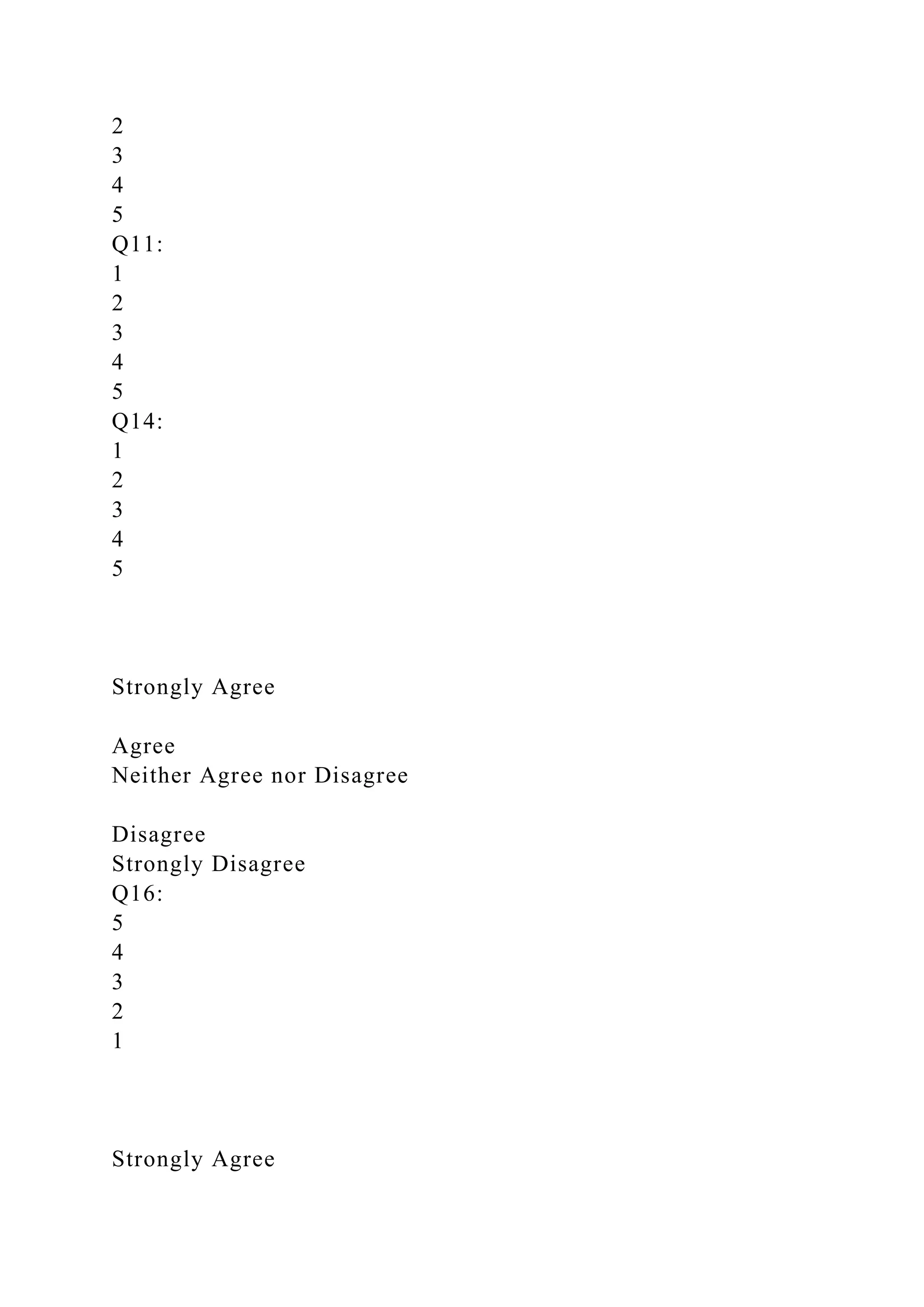 2
3
4
5
Q11:
1
2
3
4
5
Q14:
1
2
3
4
5
Strongly Agree
Agree
Neither Agree nor Disagree
Disagree
Strongly Disagree
Q16:
5
4
3
2
1
Strongly Agree
 