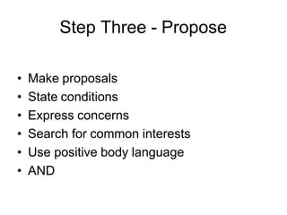 Step Three - Propose
• Make proposals
• State conditions
• Express concerns
• Search for common interests
• Use positive body language
• AND
 