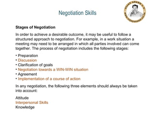 Negotiation Skills
Stages of Negotiation
In order to achieve a desirable outcome, it may be useful to follow a
structured approach to negotiation. For example, in a work situation a
meeting may need to be arranged in which all parties involved can come
together. The process of negotiation includes the following stages:
• Preparation
• Discussion
• Clarification of goals
• Negotiation towards a WIN-WIN situation
• Agreement
• Implementation of a course of action
In any negotiation, the following three elements should always be taken
into account:
Attitude
Interpersonal Skills
Knowledge

 