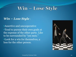 Win – Lose Style : 
Assertive and uncooperative 
Tend to pursue their own goals at 
the expense of the other party. Like 
to be surrounded by “yes men.” 
Look for a win for themselves, a 
loss for the other person. 
Created by Poulome Nath 20 
 