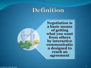 Created by Poulome Nath 
3 
Negotiation is 
a basic means 
of getting 
what you want 
from others 
by interactive 
communicatio 
n designed to 
reach an 
agreement 
 
