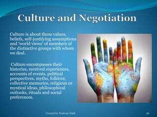 Culture is about those values, 
beliefs, self-justifying assumptions 
and ‘world views’ of members of 
the distinctive groups with whom 
we deal. 
Culture encompasses their 
histories, received experiences, 
accounts of events, political 
perspectives, myths, folklore, 
collective memories, religious or 
mystical ideas, philosophical 
outlooks, rituals and social 
preferences. 
Created by Poulome Nath 36 
 
