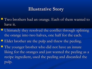 IIlllluussttrraattiivvee SSttoorryy 
 TTwwoo bbrrootthheerrss hhaadd aann oorraannggee.. EEaacchh ooff tthheemm wwaanntteedd ttoo 
hhaavvee iitt.. 
 UUllttiimmaatteellyy tthheeyy rreessoollvveedd tthhee ccoonnfflliicctt tthhrroouugghh sspplliittttiinngg 
tthhee oorraannggee iinnttoo ttwwoo hhaallvveess,, oonnee hhaallff ffoorr tthhee eeaacchh.. 
 EEllddeerr bbrrootthheerr aattee tthhee ppuullpp aanndd tthhrreeww tthhee ppeeeelliinngg.. 
 TThhee yyoouunnggeerr bbrrootthheerr wwhhoo ddiidd nnoott hhaavvee aann iinnnnaattee 
lliikkiinngg ffoorr tthhee oorraannggeess aanndd jjuusstt wwaanntteedd tthhee ppeeeelliinngg aass aa 
rreecciippee iinnggrreeddiieenntt,, uusseedd tthhee ppeeeelliinngg aanndd ddiissccaarrddeedd tthhee 
ppuullpp.. 
 
