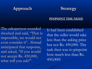 AApppprrooaacchh SSttrraatteeggyy 
TThhee ssaalleessppeerrssoonn ssoouunnddeedd 
sshhoocckkeedd aanndd ssaaiidd,, ““TThhaatt iiss 
iimmppoossssiibbllee,, wwee wwoouulldd nnoott 
eevveenn ccoonnssiiddeerr iitt””.. AAhhmmaadd 
aannttiicciippaatteedd tthhaatt rreessppoonnssee,, 
aanndd aasskkeedd,, ““IIff yyoouu wwoouulldd 
nnoott aacccceepptt RRss.. 45500,,000000,, 
wwhhaatt wwiillll yyoouu aasskk??”” 
PINPOINT THE NEED 
It had been established 
that the seller would take 
less than the asking price 
but not Rs. 450,000. The 
task then was to pinpoint 
how much less than Rs. 
450,000? 
 