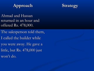 AApppprrooaacchh SSttrraatteeggyy 
AAhhmmaadd aanndd HHaassssaann 
rreettuurrnneedd iinn aann hhoouurr aanndd 
ooffffeerreedd RRss.. 447788,,000000.. 
TThhee ssaalleessppeerrssoonn ttoolldd tthheemm,, 
II ccaalllleedd tthhee bbuuiillddeerr wwhhiillee 
yyoouu wweerree aawwaayy.. HHee ggaavvee aa 
lliittttllee,, bbuutt RRss.. 447788,,000000 jjuusstt 
wwoonn’’tt ddoo.. 
 