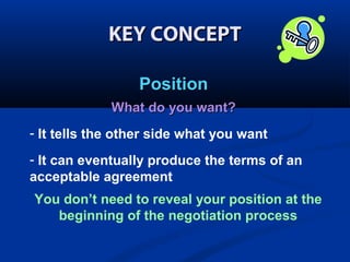KEY CONCEPT
Position
What do you want?
- It tells the other side what you want
- It can eventually produce the terms of an
acceptable agreement
You don’t need to reveal your position at the
beginning of the negotiation process

 
