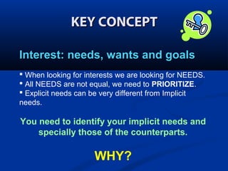 KEY CONCEPT
Interest: needs, wants and goals
 When looking for interests we are looking for NEEDS.
 All NEEDS are not equal, we need to PRIORITIZE.
 Explicit needs can be very different from Implicit
needs.

You need to identify your implicit needs and
specially those of the counterparts.

WHY?

 