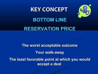 KEY CONCEPT
BOTTOM LINE
RESERVATION PRICE
The worst acceptable outcome
Your walk-away
The least favorable point at which you would
accept a deal

 
