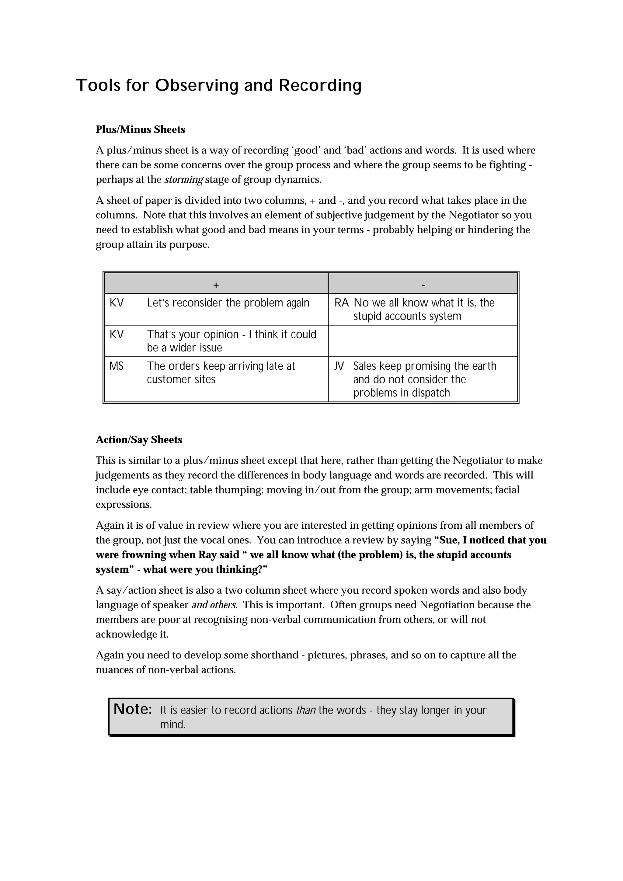 Tools for Observing and Recording

  Plus/Minus Sheets
  A plus/minus sheet is a way of recording ‘good’ and ‘bad’ actions and words. It is used where
  there can be some concerns over the group process and where the group seems to be fighting -
  perhaps at the storming stage of group dynamics.

  A sheet of paper is divided into two columns, + and -, and you record what takes place in the
  columns. Note that this involves an element of subjective judgement by the Negotiator so you
  need to establish what good and bad means in your terms - probably helping or hindering the
  group attain its purpose.


                           +                                             -
    KV       Let’s reconsider the problem again       RA No we all know what it is, the
                                                         stupid accounts system
    KV       That’s your opinion - I think it could
             be a wider issue
    MS       The orders keep arriving late at         JV Sales keep promising the earth
             customer sites                              and do not consider the
                                                         problems in dispatch



  Action/Say Sheets
  This is similar to a plus/minus sheet except that here, rather than getting the Negotiator to make
  judgements as they record the differences in body language and words are recorded. This will
  include eye contact; table thumping; moving in/out from the group; arm movements; facial
  expressions.

  Again it is of value in review where you are interested in getting opinions from all members of
  the group, not just the vocal ones. You can introduce a review by saying “Sue, I noticed that you
  were frowning when Ray said “ we all know what (the problem) is, the stupid accounts
  system” - what were you thinking?”

  A say/action sheet is also a two column sheet where you record spoken words and also body
  language of speaker and others. This is important. Often groups need Negotiation because the
  members are poor at recognising non-verbal communication from others, or will not
  acknowledge it.
  Again you need to develop some shorthand - pictures, phrases, and so on to capture all the
  nuances of non-verbal actions.


     Note:      It is easier to record actions than the words - they stay longer in your
                mind.
 