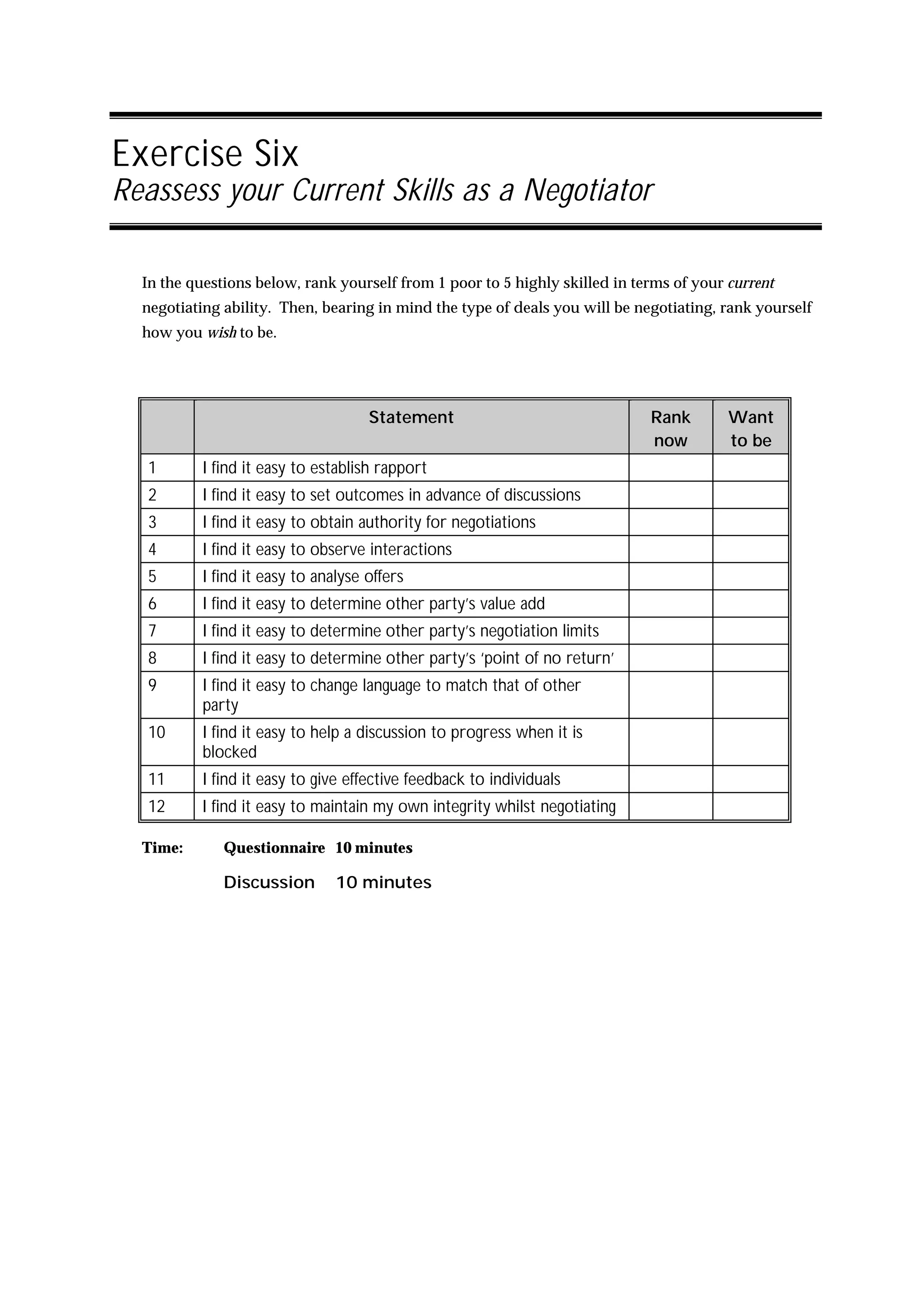 Exercise Six
Reassess your Current Skills as a Negotiator

  In the questions below, rank yourself from 1 poor to 5 highly skilled in terms of your current
  negotiating ability. Then, bearing in mind the type of deals you will be negotiating, rank yourself
  how you wish to be.




                                     Statement                               Rank        Want
                                                                             now         to be
  1        I find it easy to establish rapport
  2        I find it easy to set outcomes in advance of discussions
  3        I find it easy to obtain authority for negotiations
  4        I find it easy to observe interactions
  5        I find it easy to analyse offers
  6        I find it easy to determine other party’s value add
  7        I find it easy to determine other party’s negotiation limits
  8        I find it easy to determine other party’s ‘point of no return’
  9        I find it easy to change language to match that of other
           party
  10       I find it easy to help a discussion to progress when it is
           blocked
  11       I find it easy to give effective feedback to individuals
  12       I find it easy to maintain my own integrity whilst negotiating

  Time:       Questionnaire 10 minutes

              Discussion        10 minutes
 