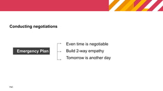 PwC
PwC
Even time is negotiable
Build 2-way empathy
Tomorrow is another day
Conducting negotiations
Emergency Plan
 