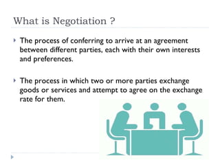 What is Negotiation ? The process of conferring to arrive at an agreement between different parties, each with their own interests and preferences. The process in which two or more parties exchange goods or services and attempt to agree on the exchange rate for them. 