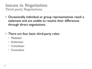 Issues in Negotiation  Third-party Negotiations Occasionally individual or group representatives reach a stalemate and are unable to resolve their differences through direct negotiations. There are four basic third-party roles: Mediator Arbitrator Conciliator Consultant 