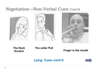 Negotiation—Non-Verbal Cues  Cont’d The Neck Scratch The collar Pull Finger in the mouth Lying  Cues--cont’d 