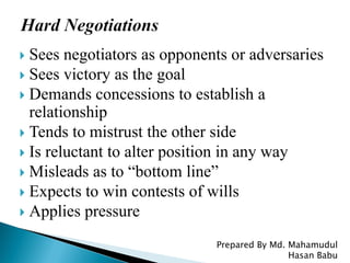  Sees negotiators as opponents or adversaries
 Sees victory as the goal
 Demands concessions to establish a
relationship
 Tends to mistrust the other side
 Is reluctant to alter position in any way
 Misleads as to “bottom line”
 Expects to win contests of wills
 Applies pressure
Prepared By Md. Mahamudul
Hasan Babu
 