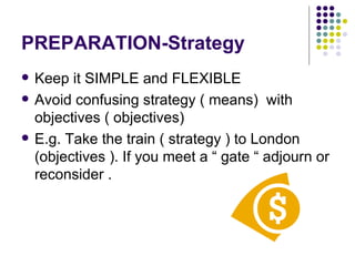 PREPARATION-Strategy Keep it SIMPLE and FLEXIBLE Avoid confusing strategy ( means)  with objectives ( objectives) E.g. Take the train ( strategy ) to London  (objectives ). If you meet a “ gate “ adjourn or reconsider . 