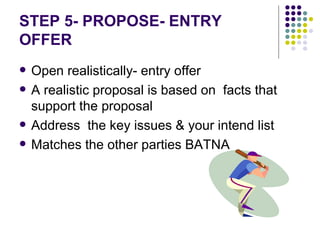 STEP 5- PROPOSE- ENTRY OFFER Open realistically- entry offer A realistic proposal is based on  facts that  support the proposal Address  the key issues & your intend list Matches the other parties BATNA 