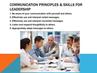 COMMUNICATION PRINCIPLES & SKILLS FOR
LEADERSHIP
1. Be aware of your communication with yourself and others.
2. Effectively use and interpret verbal messages.
3. Effectively use and interpret nonverbal messages.
4. Listen and respond thoughtfully to others.
5. Appropriately adapt messages to others.
 