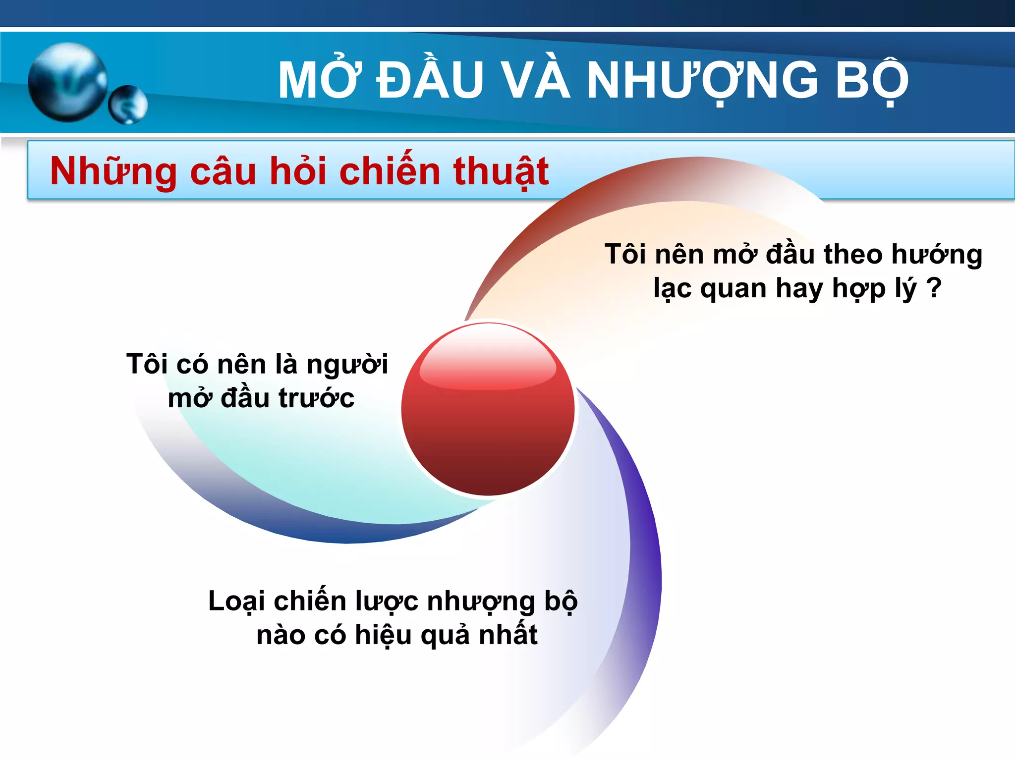 MỞ ĐẦU VÀ NHƢỢNG BỘ
Những câu hỏi chiến thuật
Tôi có nên là ngƣời
mở đầu trƣớc
Tôi nên mở đầu theo hƣớng
lạc quan hay hợp lý ?
Loại chiến lƣợc nhƣợng bộ
nào có hiệu quả nhất
 