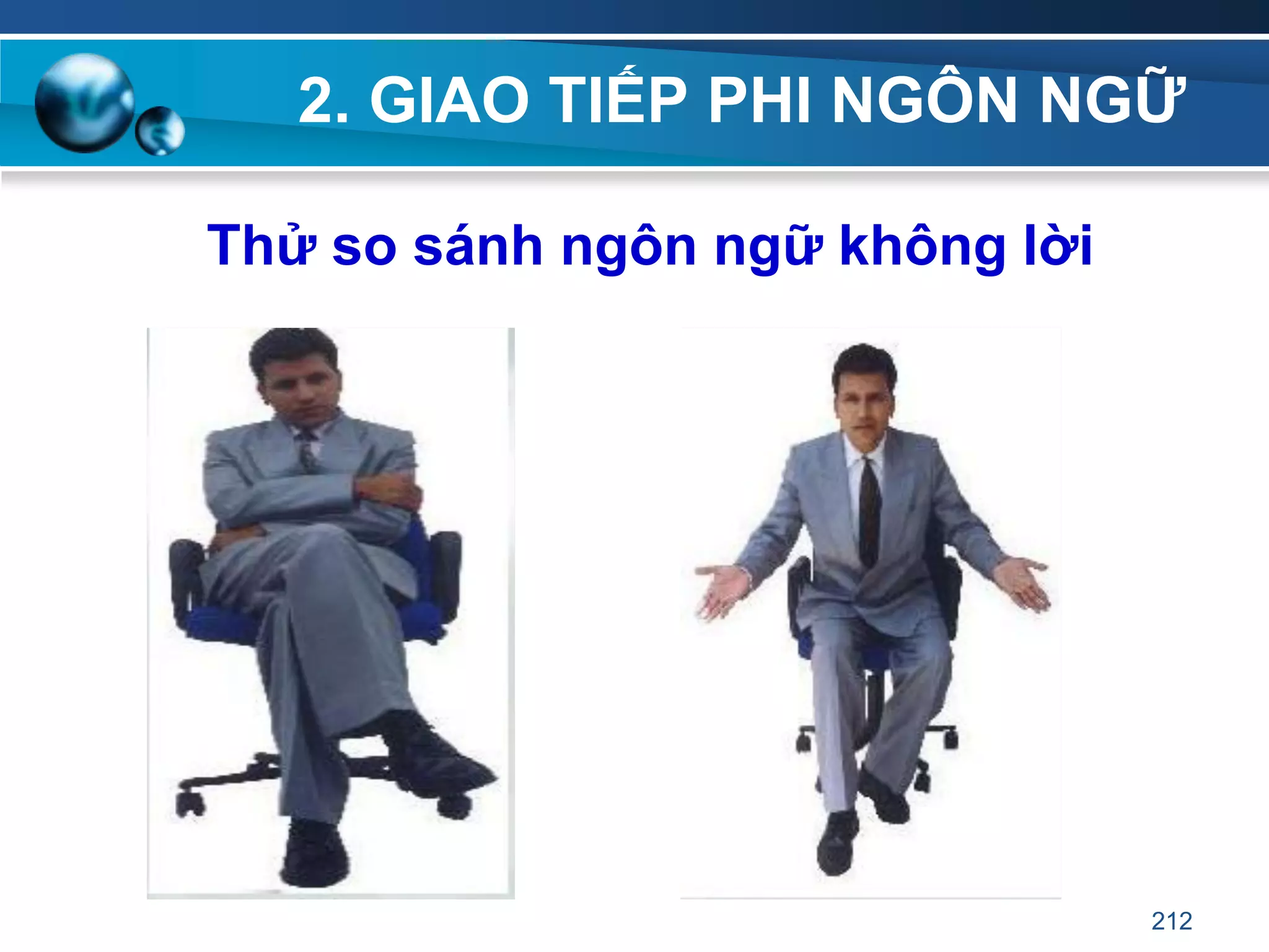 2. GIAO TIẾP PHI NGÔN NGỮ
Thử so sánh ngôn ngữ không lời
212
 