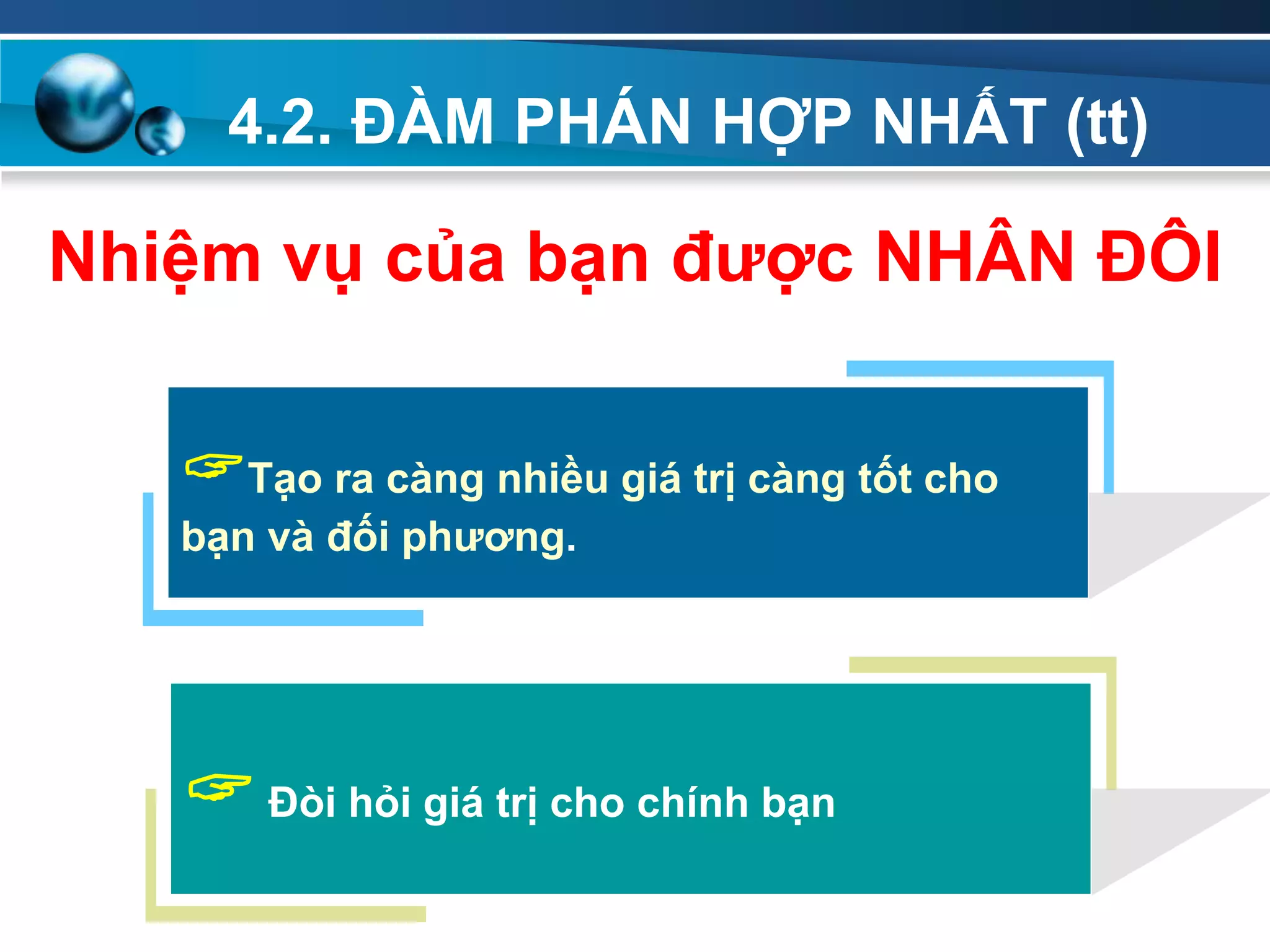 4.2. ĐÀM PHÁN HỢP NHẤT (tt)
Add
Your
TextAdd
Your
Text
Nhiệm vụ của bạn đƣợc NHÂN ĐÔI
Tạo ra càng nhiều giá trị càng tốt cho
bạn và đối phƣơng.
Đòi hỏi giá trị cho chính bạn
 