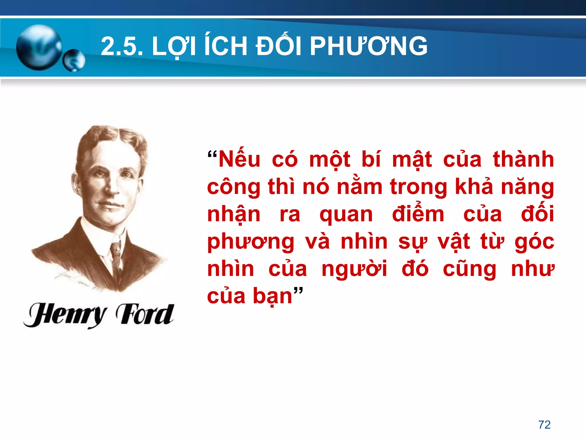 2.5. LỢI ÍCH ĐỐI PHƢƠNG
72
“Nếu có một bí mật của thành
công thì nó nằm trong khả năng
nhận ra quan điểm của đối
phƣơng và nhìn sự vật từ góc
nhìn của ngƣời đó cũng nhƣ
của bạn”
 