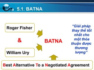5.1. BATNA
Add
Your
TextAdd
Your
Text
Roger Fisher
William Ury
& BATNA
Best Alternative To a Negotiated Agreement
“Giải ph...