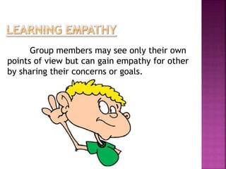 Group members may see only their own 
points of view but can gain empathy for other 
by sharing their concerns or goals. 
 
