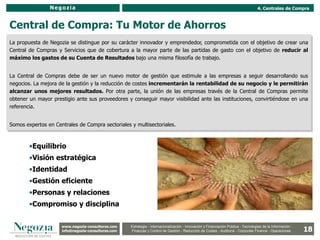 Negozia                                                                                                              4. Centrales de Compra



Central de Compra: Tu Motor de Ahorros
La propuesta de Negozia se distingue por su carácter innovador y emprendedor, comprometida con el objetivo de crear una
Central de Compras y Servicios que de cobertura a la mayor parte de las partidas de gasto con el objetivo de reducir al
máximo los gastos de su Cuenta de Resultados bajo una misma filosofía de trabajo.


La Central de Compras debe de ser un nuevo motor de gestión que estimule a las empresas a seguir desarrollando sus
negocios. La mejora de la gestión y la reducción de costes incrementarán la rentabilidad de su negocio y le permitirán
alcanzar unos mejores resultados. Por otra parte, la unión de las empresas través de la Central de Compras permite
obtener un mayor prestigio ante sus proveedores y conseguir mayor visibilidad ante las instituciones, convirtiéndose en una
referencia.


Somos expertos en Centrales de Compra sectoriales y multisectoriales.



        •Equilibrio
        •Visión estratégica
        •Identidad
        •Gestión eficiente
        •Personas y relaciones
        •Compromiso y disciplina


                     www.negozia-consultores.com              Estrategia y Organización – Recursos Humanos – I+D+i – Business Intelligence –
                       www.altair-consultores.com
                                                                                                                                                               18
                                                     Estrategia - Internacionalización - Innovación y Financiación Pública - Tecnologías de la Información -
                     info@negozia-consultores.com
                       info@altair-consultores.com   Finanzas y Control de y Control Reducción de Costes - Auditoría - Corporate Finance - Operaciones
                                                                  Finanzas Gestión - de Gestión – Auditoría – Corporate Finance - Operaciones
 
