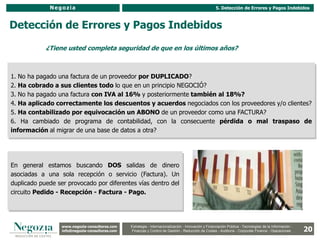 Negozia                                                                                    5. Detección de Errores y Pagos Indebidos



Detección de Errores y Pagos Indebidos

            ¿Tiene usted completa seguridad de que en los últimos años?



1. No ha pagado una factura de un proveedor por DUPLICADO?
2. Ha cobrado a sus clientes todo lo que en un principio NEGOCIÓ?
3. No ha pagado una factura con IVA al 16% y posteriormente también al 18%?
4. Ha aplicado correctamente los descuentos y acuerdos negociados con los proveedores y/o clientes?
5. Ha contabilizado por equivocación un ABONO de un proveedor como una FACTURA?
6. Ha cambiado de programa de contabilidad, con la consecuente pérdida o mal traspaso de
información al migrar de una base de datos a otra?




En general estamos buscando DOS salidas de dinero
asociadas a una sola recepción o servicio (Factura). Un
duplicado puede ser provocado por diferentes vías dentro del
circuito Pedido - Recepción - Factura - Pago.




                  www.negozia-consultores.com              Estrategia y Organización – Recursos Humanos – I+D+i – Business Intelligence –
                    www.altair-consultores.com
                                                                                                                                                            20
                                                  Estrategia - Internacionalización - Innovación y Financiación Pública - Tecnologías de la Información -
                  info@negozia-consultores.com
                    info@altair-consultores.com   Finanzas y Control de y Control Reducción de Costes - Auditoría - Corporate Finance - Operaciones
                                                               Finanzas Gestión - de Gestión – Auditoría – Corporate Finance - Operaciones
 